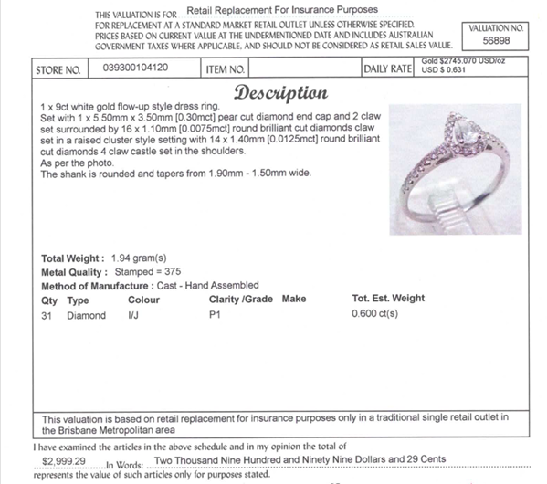 9CT WHITE GOLD FLOW UP STYLE DIAMOND DRSS RING VALUED @ $2999