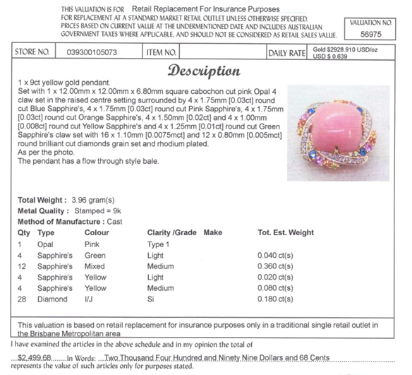 9CT YELLOW GOLD SQUARE CABOCHON CUT PINK OPAL PENDANT VALUED @ $2499