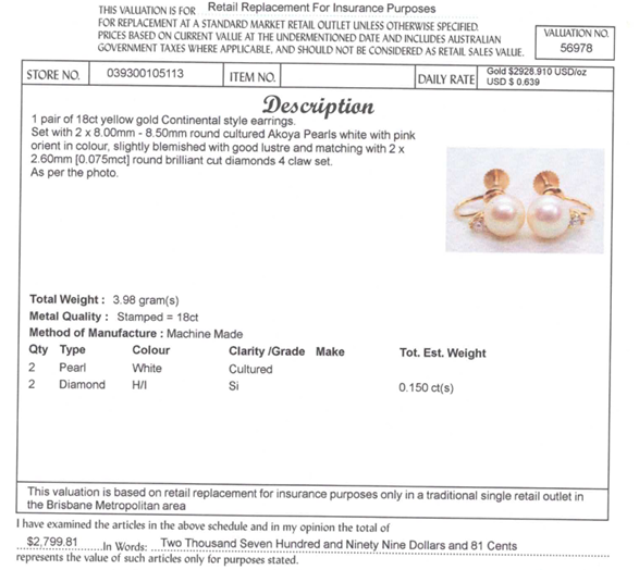 18CT YELLOW GOLD CULTURED AKOYA PEARL & DIAMOND EARRINGS VALUED @ $2799