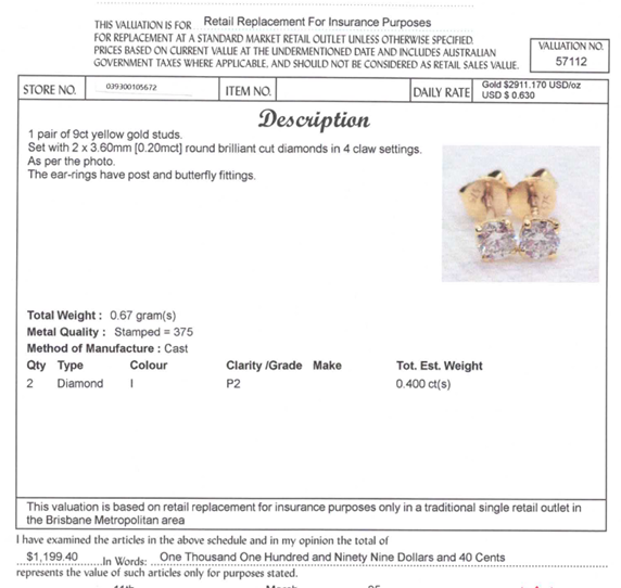 9CT YELLOW GOLD DIAMOND STUD EARRINGS VALUED @ $1199
