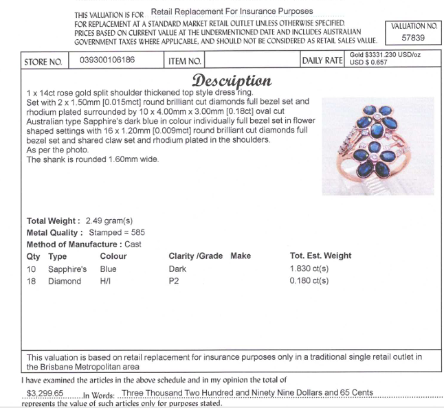 14CT ROSE GOLD SPLIT SHOULDER SAPPHIRE & DIAMOND DRESS RING VALUED @ $3299