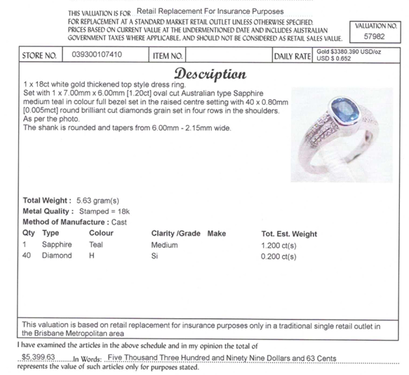18CT WHITE GOLD SAPPHIRE & DIAMOND DRESS RING VALUED @ $5399