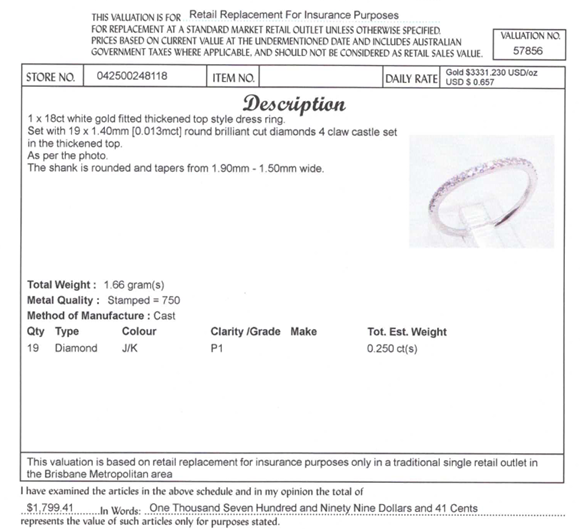 18CT WHITE GOLD FITTED THICKENED TOP STYLE DRESS RING VALUED @ $1799