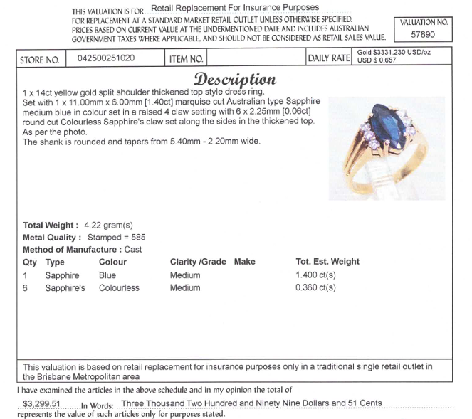 14CT YELLOW GOLD SPLIT SHOULDER SAPPHIRE DRESS RING VALUED @ $3299