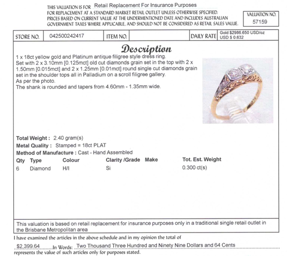 18CT YELLOW GOLD & PLATINUM ANTIQUE FILIGREE DIAMOND DRESS RING VALUED @ $2399
