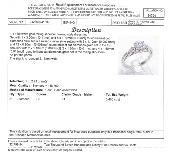 18CT WHITE GOLD ROLLING SHOULDER DIAMOND DRESS RING VALUED @ $2799