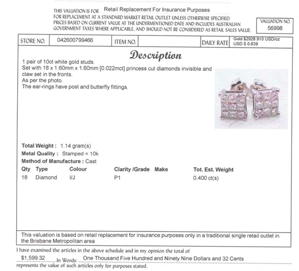 10CT WHITE GOLD DIAMOND STUDS VALUED @ $1599