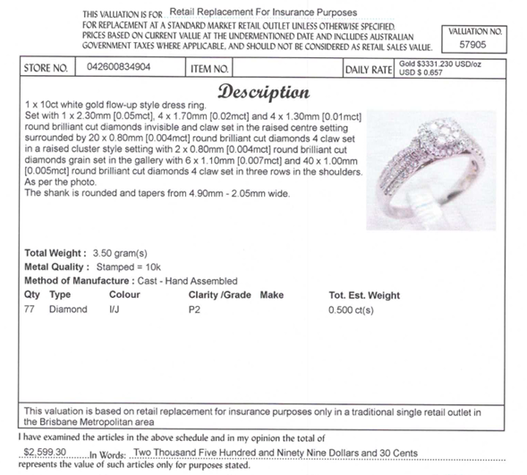 10CT WHITE GOLD FLOW UP STYLE DIAMOND DRESS RING VALUED @ $2599