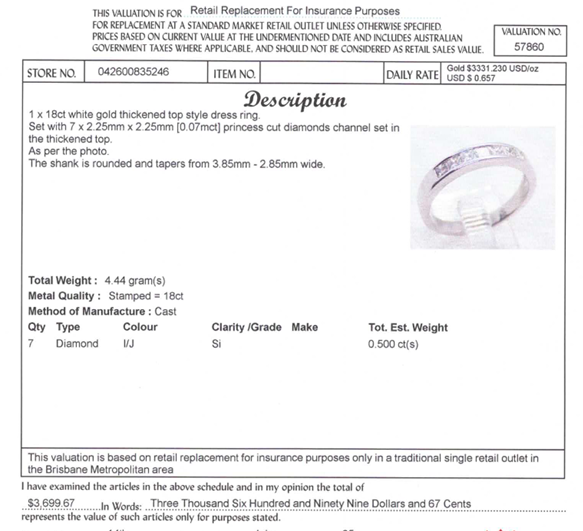 18CT WHITE GOLD CHANNEL SET DIAMOND DRESS RING VALUED @ $3699