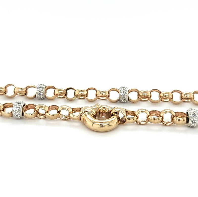 9ct GOLD 48cm LONG ROUND BELCHER LINK CHAIN WITH CZ's IN WHITE GOLD LINKS