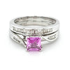 9ct WHITE GOLD SYNTHETIC PINK SAPPHIRE & BAGUETTE DIAMOND TWO RING SET