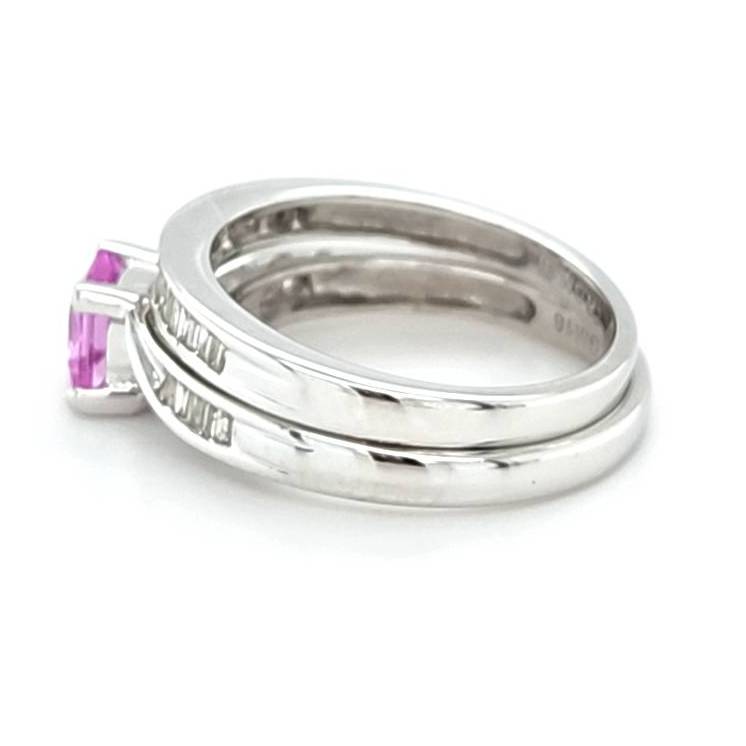9ct WHITE GOLD SYNTHETIC PINK SAPPHIRE & BAGUETTE DIAMOND TWO RING SET