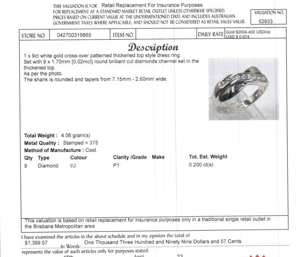 9CT WHITE GOLD CROSS OVER PATTERN DIAMOND DRESS RING VALUED @ $1399