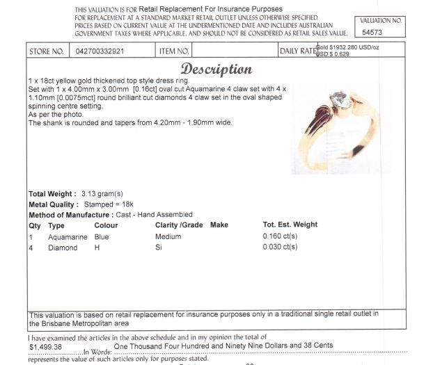 18CT YELLOW GOLD SPINNING CENTRE SETTING DIAMOND & AQUAMARINE RING VALUED $1499