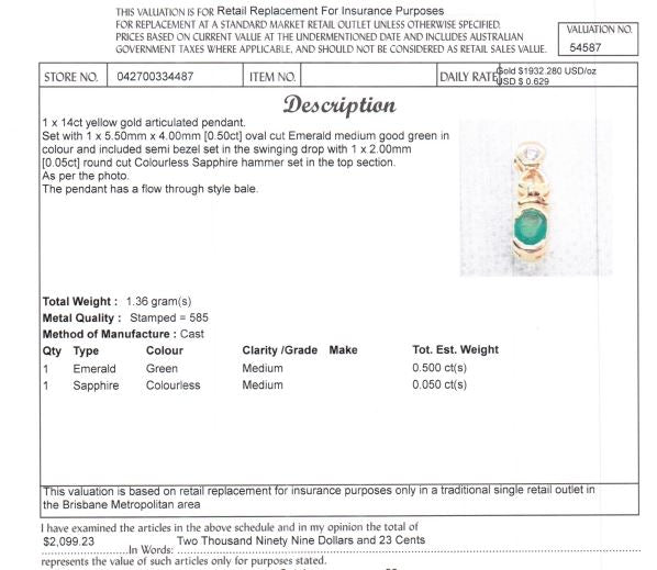 14CT YELLOW GOLD SAPPHIRE & EMERALD ARTICULATED PENDANT VALUED @ $2099
