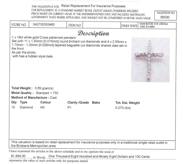 18CT WHITE GOLD DIAMOND CROSS PENDANT VALUED @ $1899