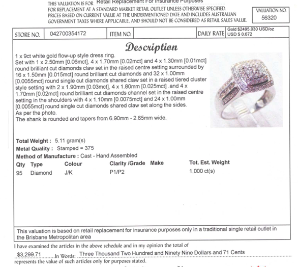 9CT WHITE GOLD FLOW UP STYLE DIAMOND DRESS RING VALUED @ $3299