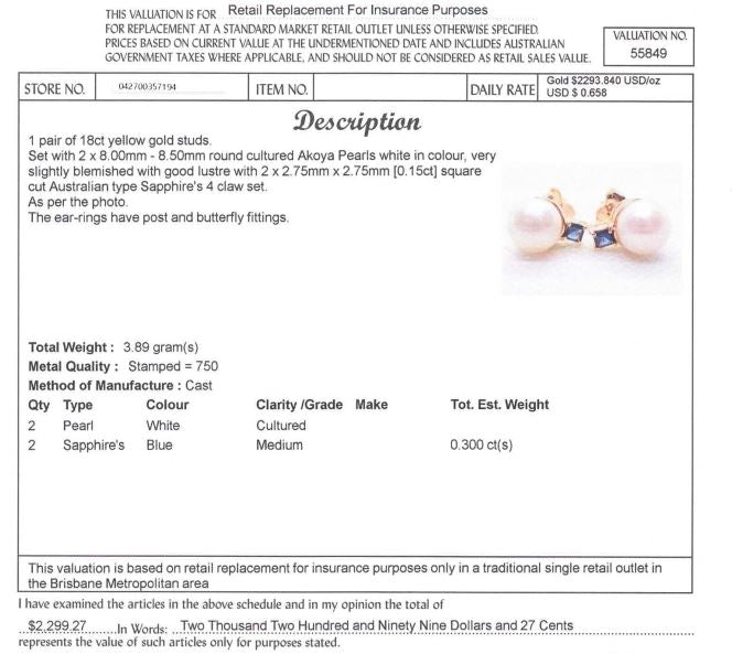18CT YELLOW GOLD PEARL & SAPPHIRE STUD EARRING VALUED @ $2299