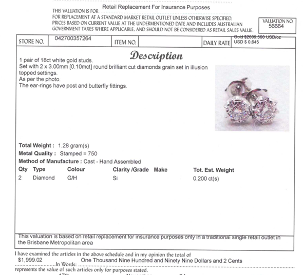 18CT WHITE GOLD DIAMOND STUD EARRINGS VALUED @ $1999