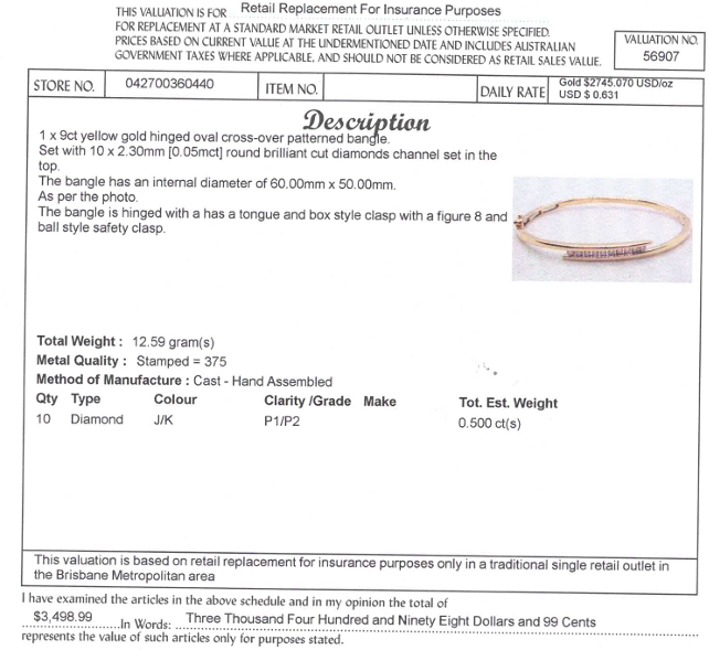 9CT YELLOW GOLD HINGED OVAL CROSS OVER PATTERNED BANGLE VALUED @ $3498