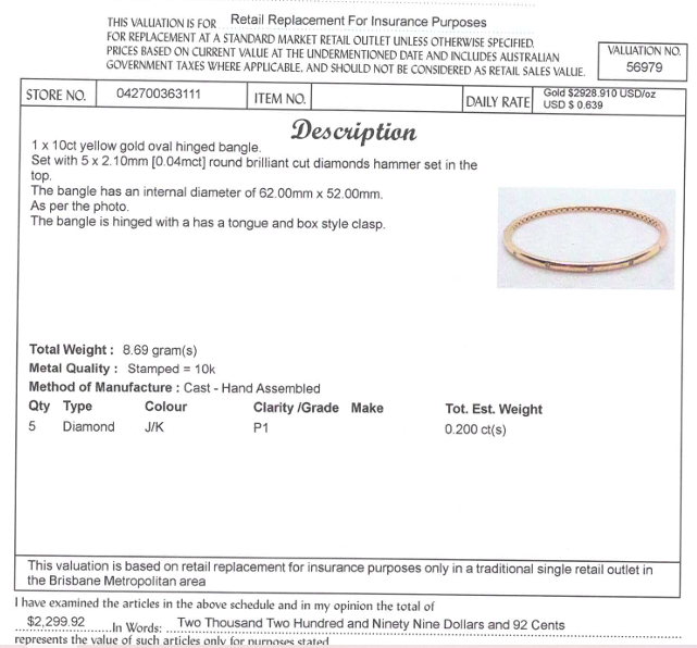 10CT YELLOW GOLD OVAL HINGED DIAMOND BANGLE VALUED @ $2299