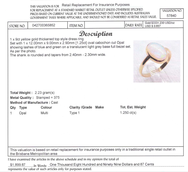 9CT YELLOW GOLD OVAL CABOCHON CUT OPAL DRESS RING VALUED @ $1899