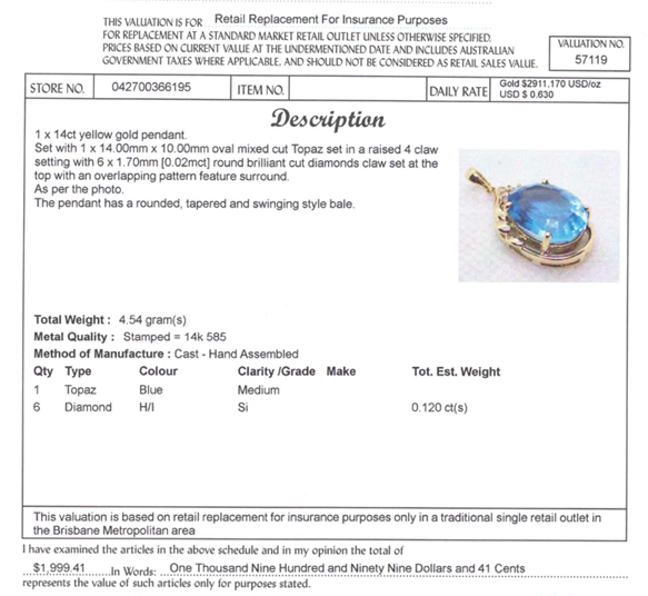 14CT YELLOW GOLD TOPAZ & DIAMOND PENDANT VALUED @ $1999