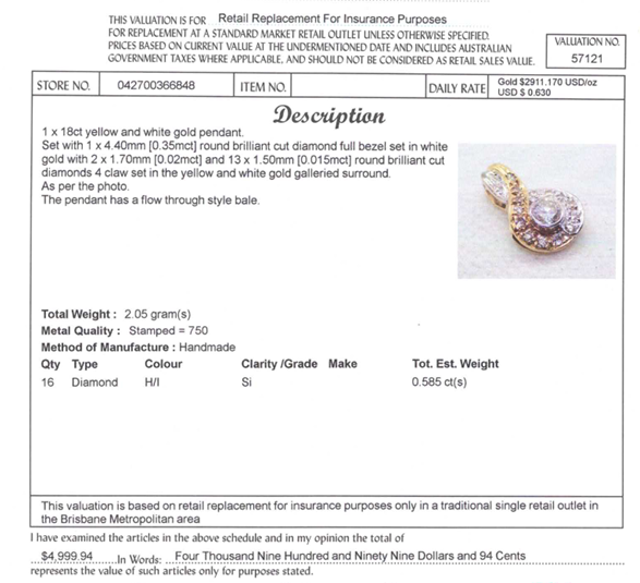 18CT YELLOW & WHITE GOLD DIAMOND PENDANT VALUED @ $4999