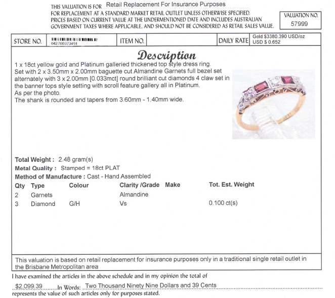 18CT YELLOW GOLD & PLATINUM GARNETS & DIAMOND DRESS RING VALUED @ $2099