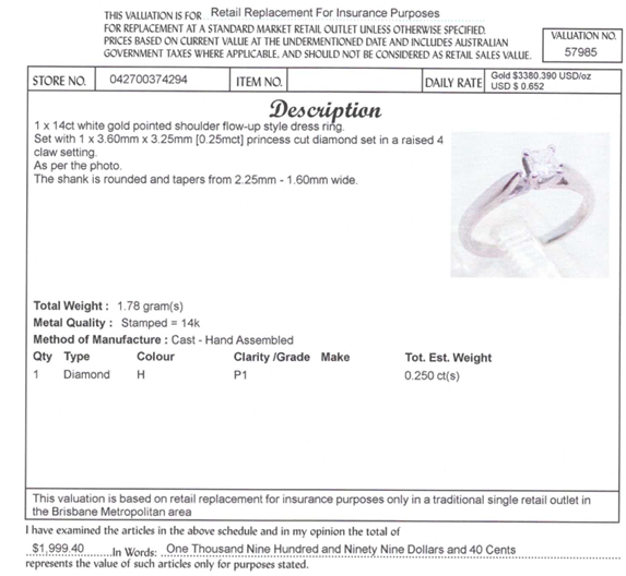 14CT WHITE GOLD POINTED SHOULDER DIAMOND DRESS RING VALUED @ $1999