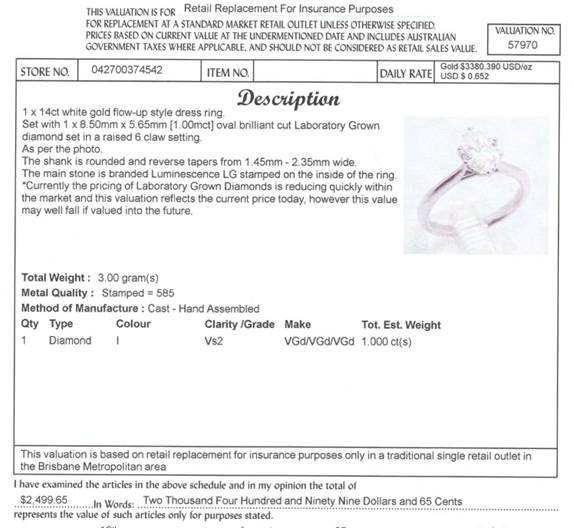14CT WHITE GOLD FLOW UP STYLE LAB GROWN DIAMOND RING VALUED @ $2499