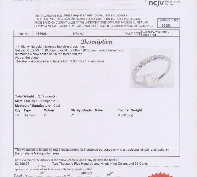 18ct WHITE GOLD & DIAMOND ETERNITY STYLE RING TDW 0.50cts VALUED $2599
