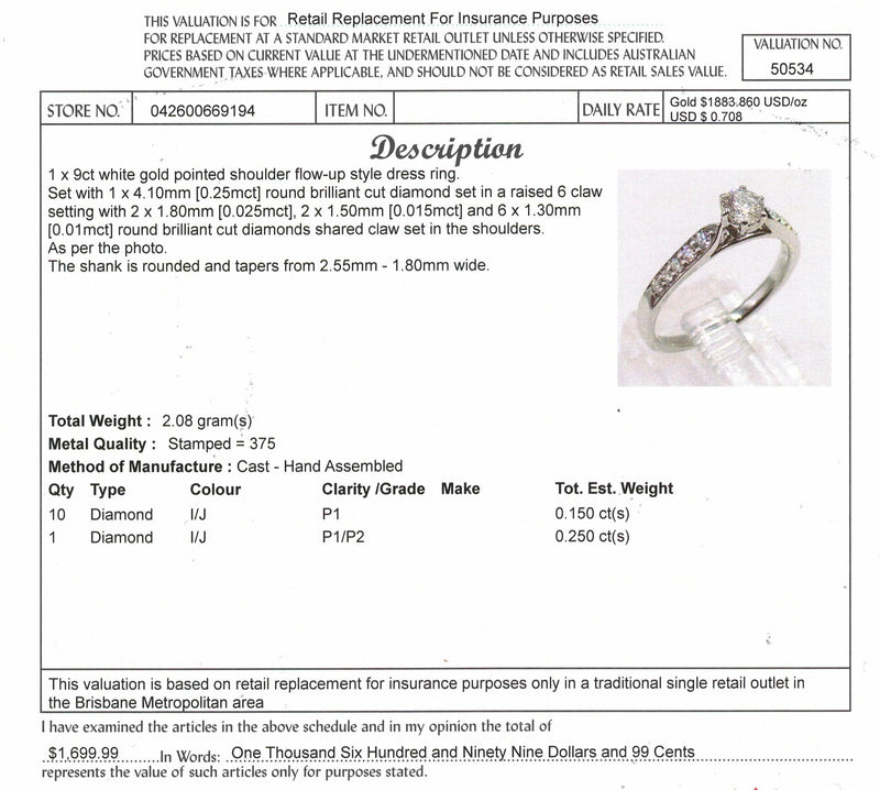 REDUCED! 9ct WHITE GOLD DIAMOND RING TDW 0.40ct VAL $1699