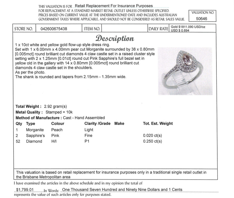 10ct WHITE GOLD PEAR-CUT MORGANITE RING TDW 0.25ct VAL $1799