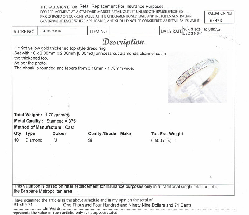 Valuation for 9CT Yellow Gold Eternity Band, channel-set with princess-cut diamonds. Valued at $1499.00