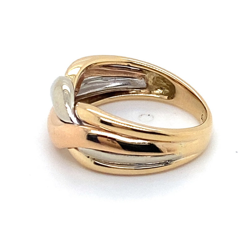 9CT YELLOW, WHITE, ROSE GOLD CROSS OVER PATTERN DRESS RING