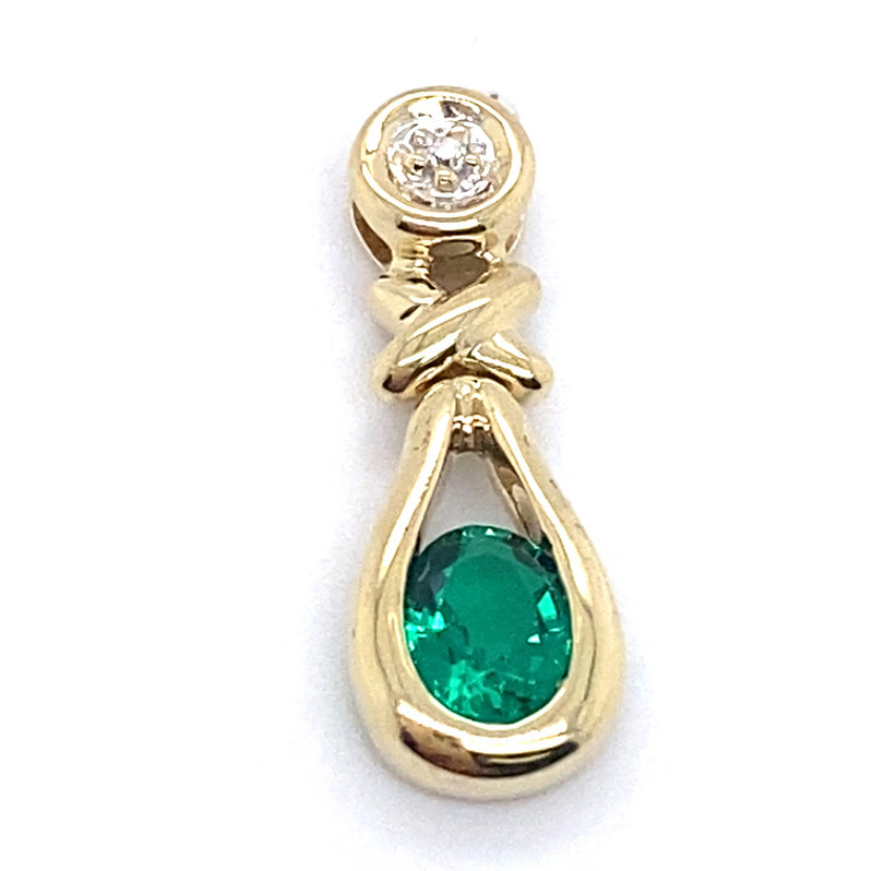 9CT YELLOW GOLD DIAMOND & SYNTHETIC EMERALD PENDANT