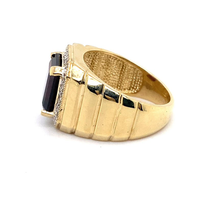 9CT YELLOW GOLD THICKENED TOP GARNET & DIAMOND MENS RING VALUED @ $3399