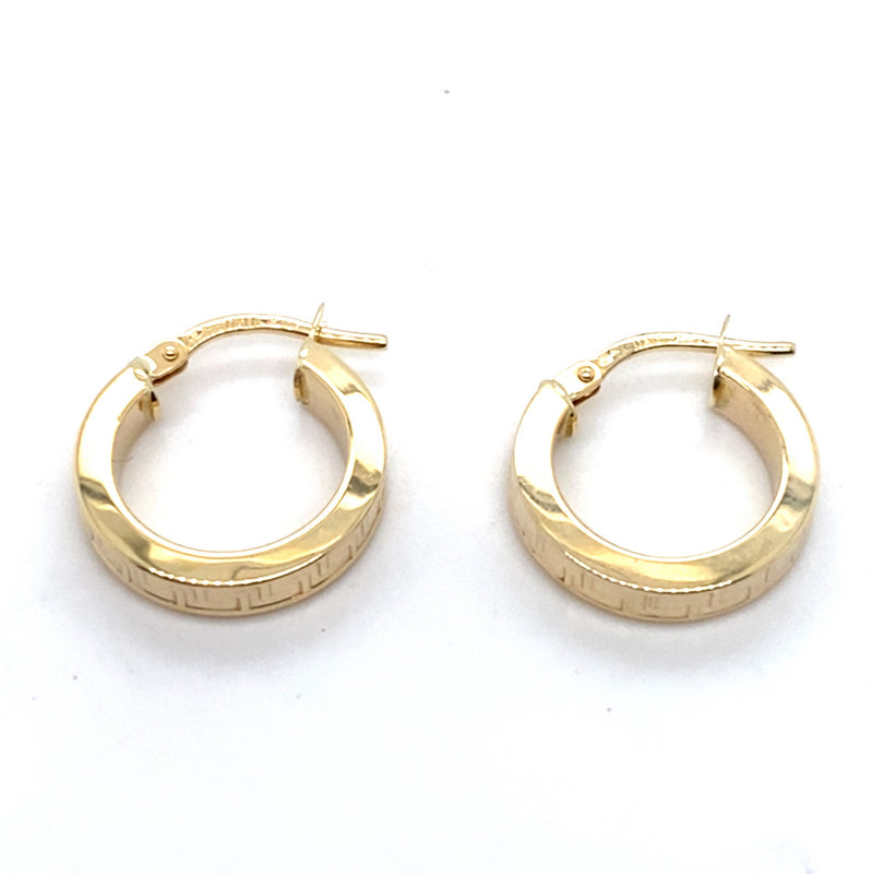 9CT YELLOW GOLD ROUND HOOP EARRINGS WITH GREEK KEY DESIGN