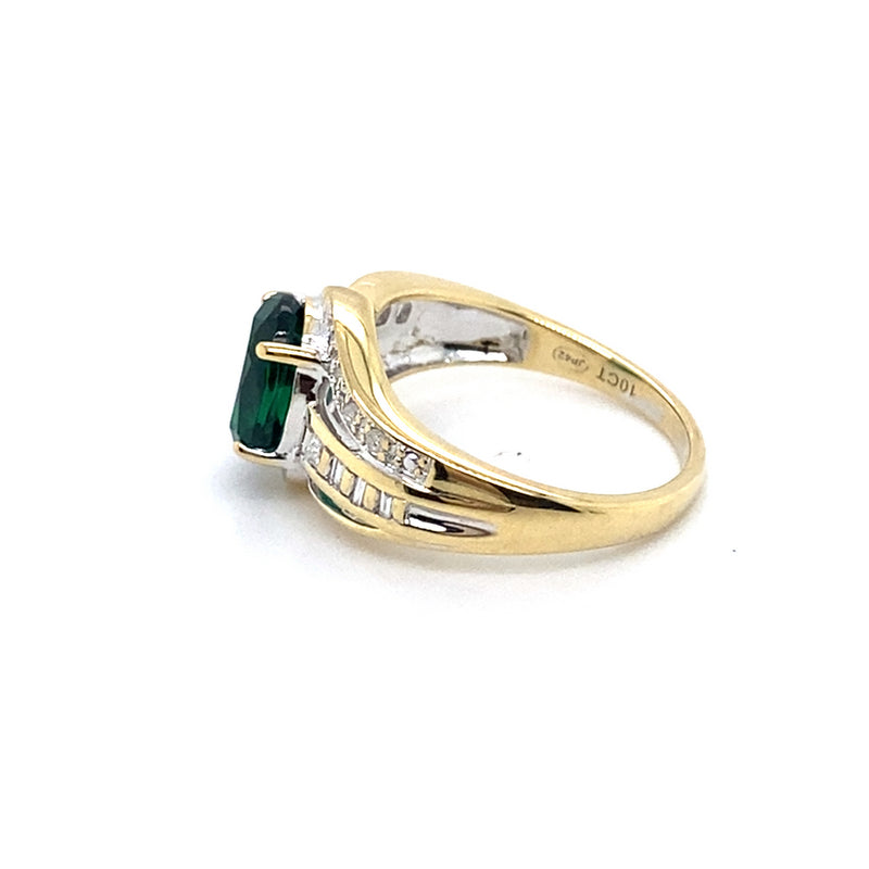 9CT YELLOW GOLD SYNTHETIC EMERALD & DIAMOND DRESS RING