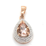 9CT ROSE GOLD MORGANITE SURROUNDED BY DIAMONDS PENDANT
