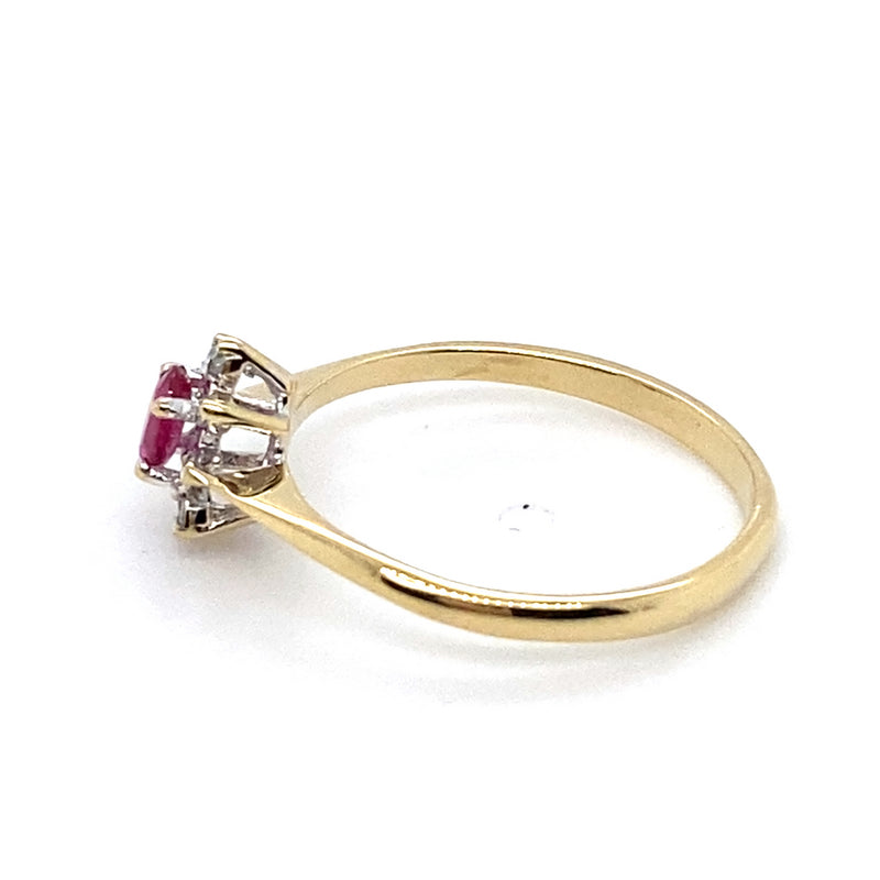 9CT YELLOW GOLD NATURAL RUBY SURROUNDED BY  DIAMONDS DRESS RING