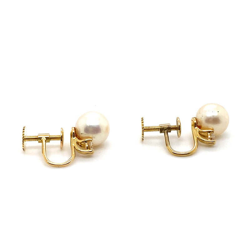 18CT YELLOW GOLD CULTURED AKOYA PEARL & DIAMOND EARRINGS VALUED @ $2799