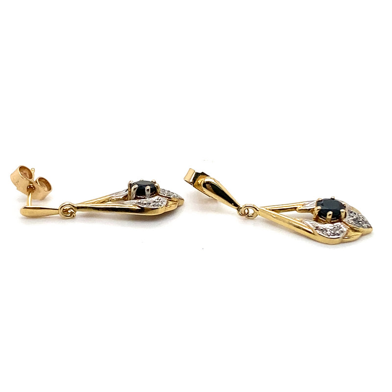 9CT YELLOW GOLD ROUND SAPPHIRE AND DIAMOND DROP STYLE EARRING