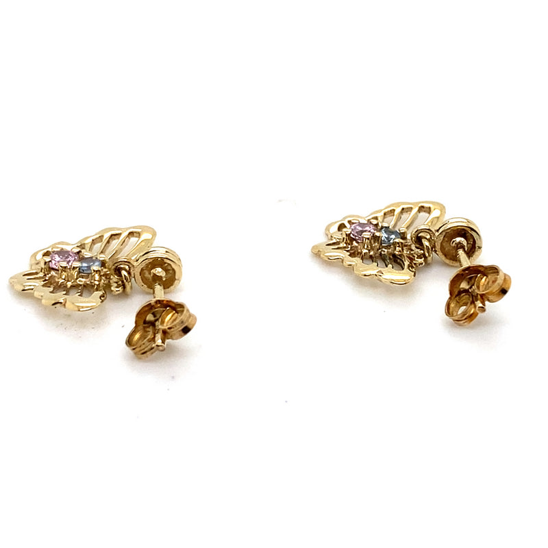 9CT YELLOW GOLD BLUE & PINK STONES SET IN BUTTERFLY STUD EARRING