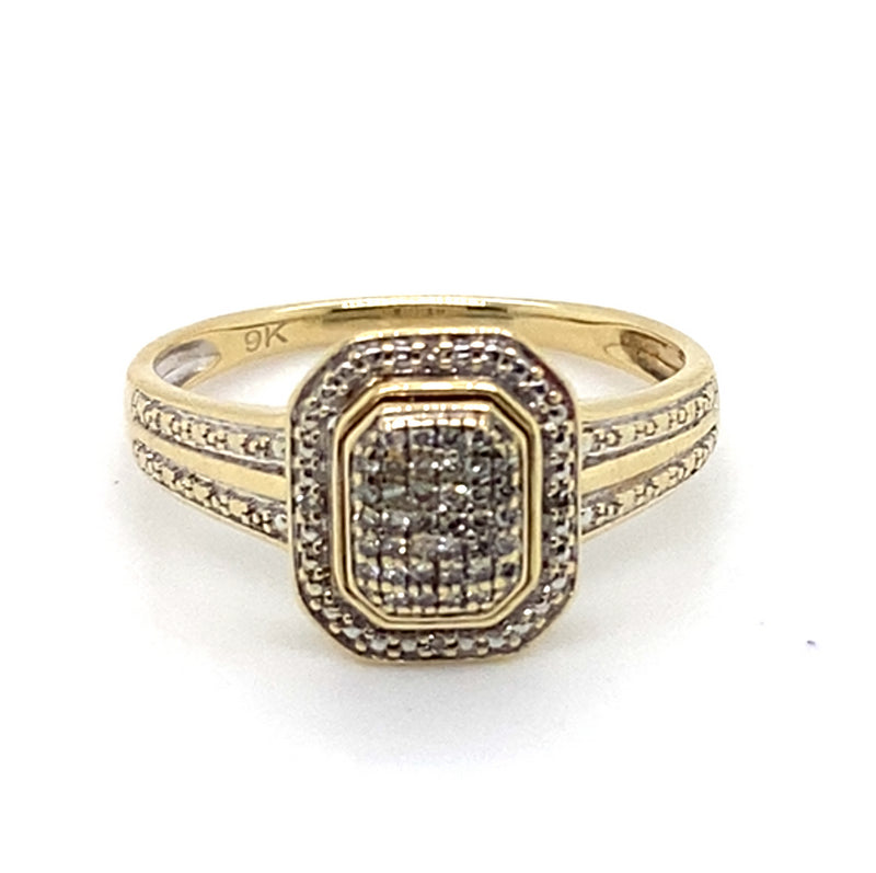 9CT YELLOW GOLD DIAMONDS SET IN RAISED CLUSTER DRESS RING