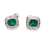 9CT WHITE GOLD SYNTHETIC EMERALDS SURROUNDED BY DIAMONDS IN STUD EARRINGS