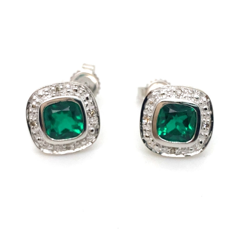 9CT WHITE GOLD SYNTHETIC EMERALDS SURROUNDED BY DIAMONDS IN STUD EARRINGS
