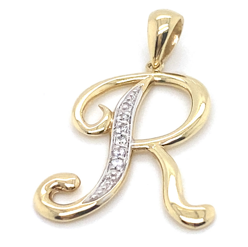 9CT YELLOW GOLD CUBIC ZIRCONIA SET "R" PENDANT