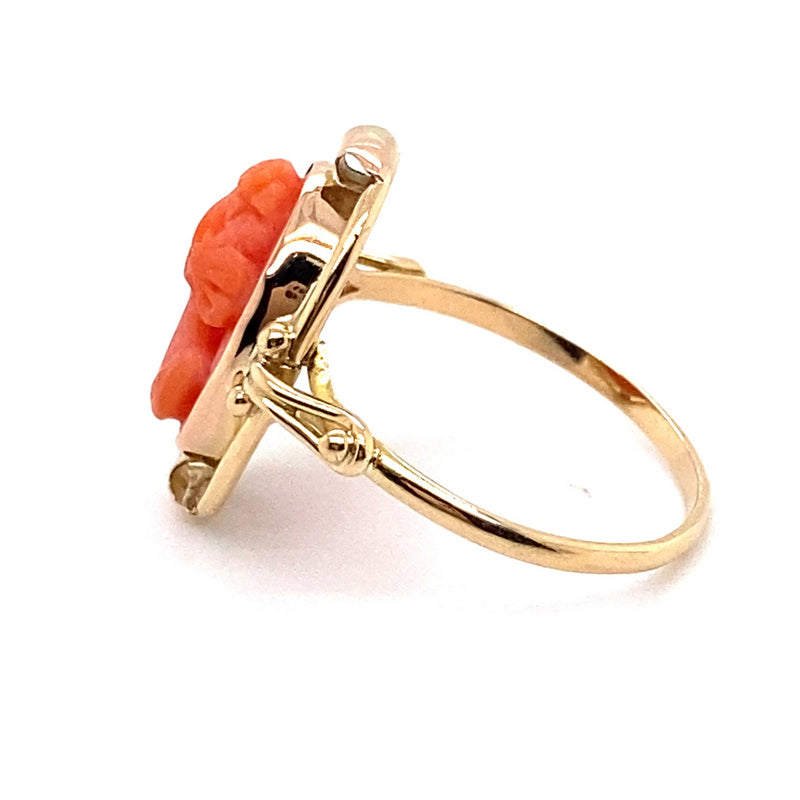 9CT ROSE GOLD CARVED PINK CORAL CAMEO RING VALUED @ $1499